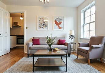 Wall Mural - Table with flowers on carpet in apartment interior with posters above sofa near armchair