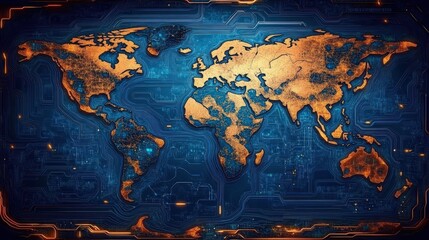 Poster - Detailed World Map with Glowing Blue and Gold Elements, Displaying Geographic Features on a Futuristic Background