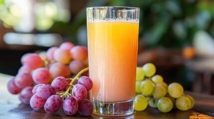 Fresh grape juice poured into a clear glass with grapes scattered beside it