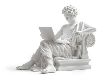 Realistic classic gypsum statue of man using a laptop for IT isolated on white background