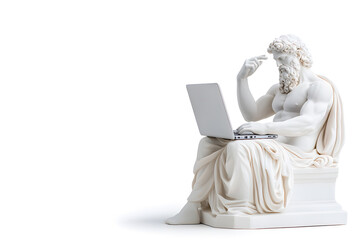 Realistic classic gypsum statue of man using a laptop for IT isolated on white background