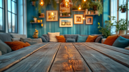Fototapete - Minimalist wooden table with empty surface against a backdrop of a cozy living room interior, featuring blue walls, soft furnishings, and natural light. Ideal for product placement or advertising desi