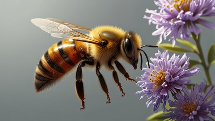 Wall Mural - Honeybee in flight approaching purple flower.