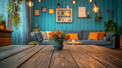 Fototapete - Minimalist wooden table with empty surface against a backdrop of a cozy living room interior, featuring blue walls, soft furnishings, and natural light. Ideal for product placement or advertising desi