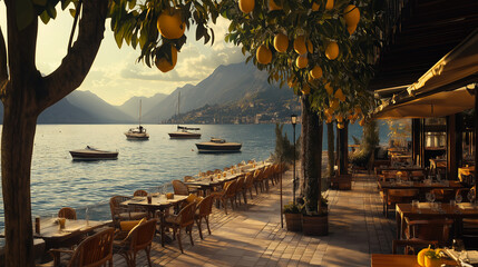 Wall Mural - Some Italian restaurant on the shore of a lake.