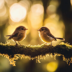 Poster - Two small birds on a mossy branch with golden sunlight background