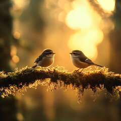 Poster - Two small birds perched on a mossy branch with golden sunlight