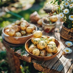 Wall Mural - Macro image of baked potatoes with fresh herbs on a plate. easter theme. MZ 