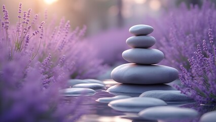 Serene Lavender Garden Meditation, Stacked Stones in Peaceful Purple Landscape