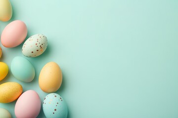 Wall Mural - Colorful eggs scattered on soft mint backdrop evoke festive spri