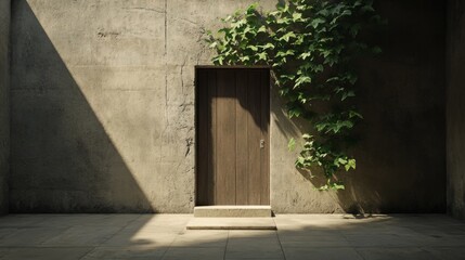 Wall Mural - A brown wooden door set in a concrete wall, with ivy growing on one side, bathed in sunlight.