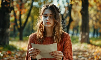 Wall Mural - young woman holding letter, autumn park, contemplative expression, daylight