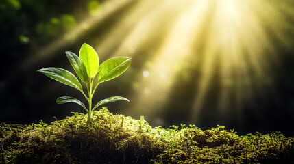 Poster - Green seedling in sunlight on mossy ground in a forest setting