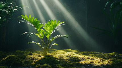 Poster - Green tropical plant in sunlight with mossy ground in a serene forest