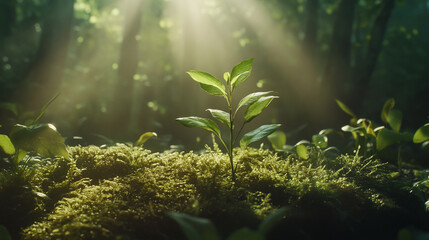 Poster - Small plant in sunlight on mossy ground in a serene forest