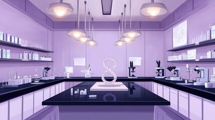 Wall Mural - A cartoon animation of a science laboratory room with soft lavender walls and sleek black countertops. A central table holds a model of a DNA double helix, flanked by microscopes and laser equipment. 