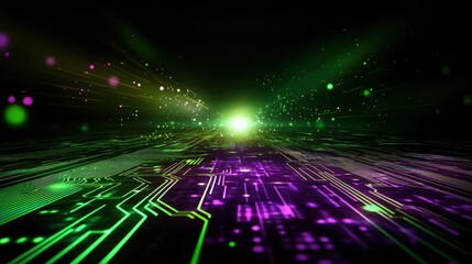Wall Mural - A futuristic gaming battle background with a high-tech vibe, showcasing glowing green and purple circuit patterns on a dark black background. 
