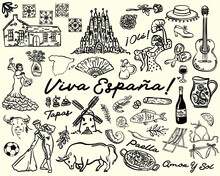 Hand drawn Whimsical style Spanish Culture elements vector set