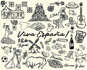 Hand drawn Whimsical style Spanish Culture elements vector set