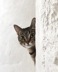 Poster - Tabby cat peeking from a white textured wall with curious green eyes