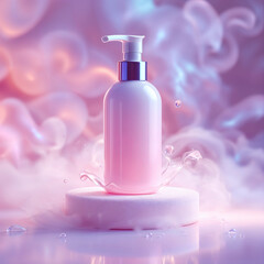 Wall Mural - A bottle of perfume is on a white pedestal with a spray nozzle. The bottle is pink and the spray nozzle is silver. The image has a dreamy, ethereal quality to it, with the perfume bottle