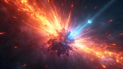 vibrant cosmic energy explosion, 3d render of fiery tendrils, swirling vortex, and crescent moon in 