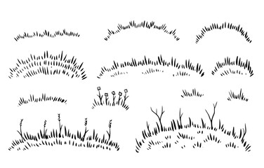 Wall Mural - Grass lawn. Bush and line meadow, hand drawn outline field. Sketch landscape decoration. Set of stroke scribble border pattern.