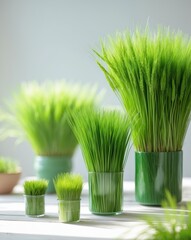 Wall Mural - Vibrant pots of wheat grass on a white wooden table showcasing healthy lifestyle and springtime decor ideal for wellness and nutrition themes