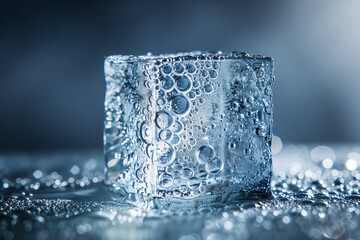 Wall Mural - A close-up of a perfectly formed ice cube with intricate air bubbles trapped inside, illuminated by soft light.