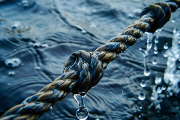 Wall Mural - A close-up of a rope partially submerged in water, with droplets clinging to the wet fibers.