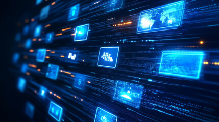 Poster - chaotic yet visually captivating arrangement of glowing blue digital screens, showcasing data streams and technology elements, creates futuristic atmosphere