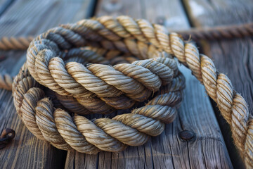 Wall Mural - A close-up of a thick, weathered rope coiled on a wooden dock, with the texture of the fibers clearly visible.