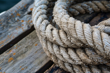 Wall Mural - A close-up of a thick, weathered rope coiled on a wooden dock, with the texture of the fibers clearly visible.