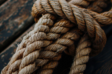 Wall Mural - A close-up of a thick, weathered rope coiled on a wooden dock, with the texture of the fibers clearly visible.