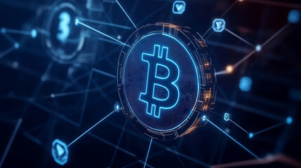 Poster - digital representation of cryptocurrency network featuring glowing Bitcoin symbol, interconnected nodes, and various digital icons, illustrating concept of blockchain technology