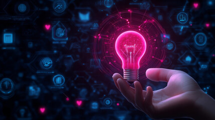 Poster - creative digital illustration showcasing glowing pink light bulb held in hand, surrounded by technology icons and data symbols, representing innovation and ideas