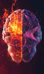 Poster - Artistic representation of brain hemispheres with fire and digital elements