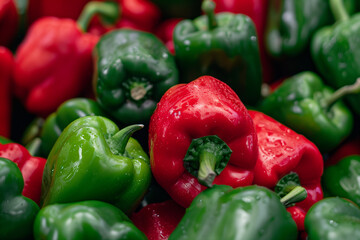 A close-up of vibrant red and green peppers, with their glossy surfaces catching the natural light.