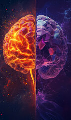 Poster - Abstract dual brain with fiery and geometric neural designs