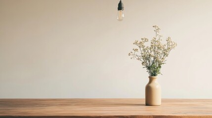 Wall Mural - Simple vase of flowers on wooden table with lightbulb.