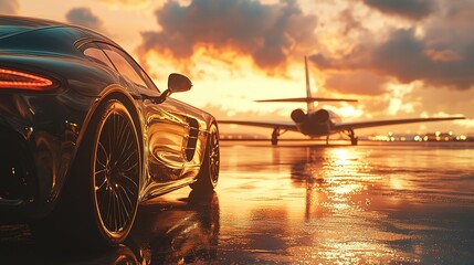 Poster - On a sunny summer morning, a wide-angle view captures luxurious car parked on tarmac, with private jet glistening in distance, creating a panoramic view of opulence and adventure,hd image