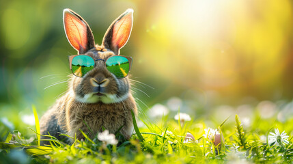 Wall Mural - A cool easter rabbit with sunglasses in a meadow