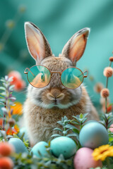 Wall Mural - A cool easter rabbit with sunglasses in a meadow