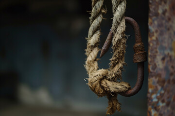 Wall Mural - A frayed rope hanging from a rusted metal hook, the strands beginning to unravel under tension.