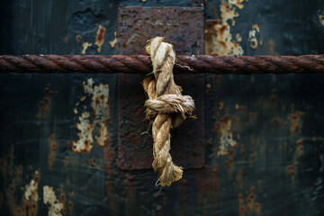 Wall Mural - A frayed rope hanging from a rusted metal hook, the strands beginning to unravel under tension.