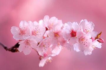 Wall Mural - Beautiful cherry blossoms with delicate pink petals against a soft pink background.