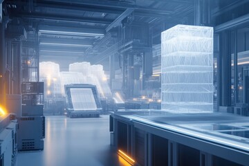 Poster - Futuristic Factory: Automated Production Line and Holographic Inventory