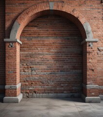 Brick wall with concrete foundation and old wooden archway, wooden archway, worn, weathered