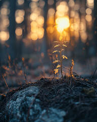 Poster - Young plant illuminated by sunlight in a tranquil forest setting