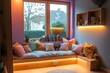© Viktoriia - Cozy reading nook with colorful cushions, warm lighting, and win